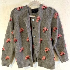 Herman Geist grey cardigan, hand-embroidered with peach and burgundy flowers.